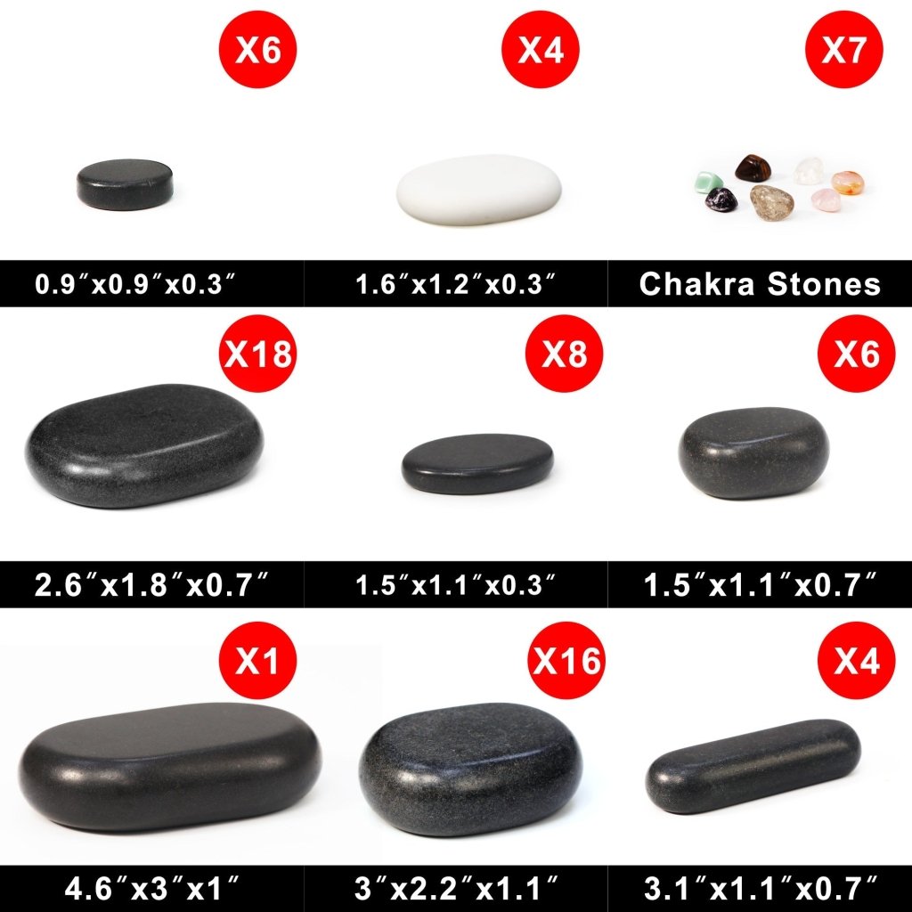 Master Massage 70 - piece Deluxe Hot Stone Massage Stone Set Kit Package for a Full Body Massage with Black Lava Volcano Basalt Rock, White Marble Cool Cold Stone and Chakra. - GreenLife - Hot Stone