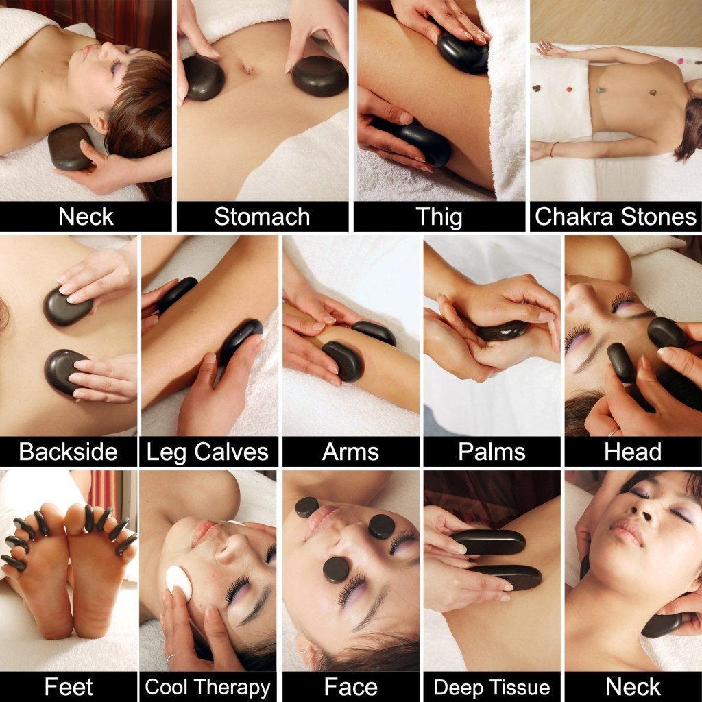 Master Massage 70 - piece Deluxe Hot Stone Massage Stone Set Kit Package for a Full Body Massage with Black Lava Volcano Basalt Rock, White Marble Cool Cold Stone and Chakra. - GreenLife - Hot Stone