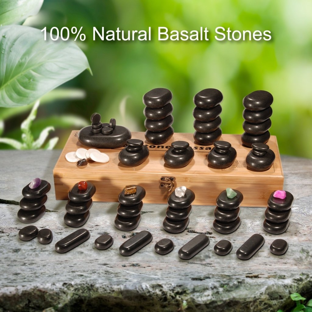 Master Massage 70 - piece Deluxe Hot Stone Massage Stone Set Kit Package for a Full Body Massage with Black Lava Volcano Basalt Rock, White Marble Cool Cold Stone and Chakra. - GreenLife - Hot Stone