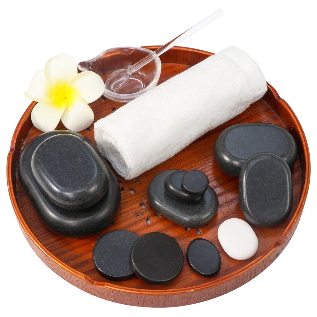 Master Massage 50 Piece Deluxe Hot Stone Massage Stone Set Kit Package for a Full Body Massage with Black Lava Volcano Basalt Rock, White Marble Cool Cold Stone - GreenLife - Hot Stone