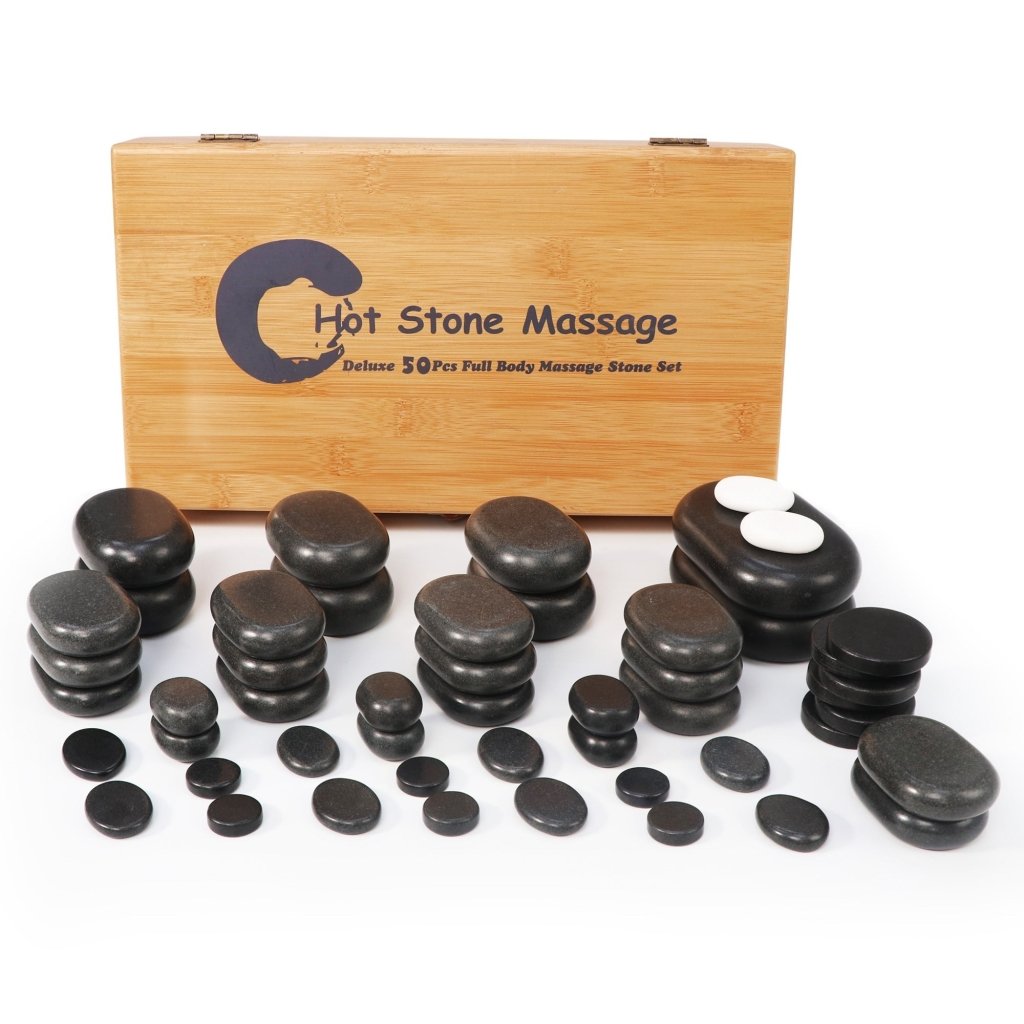 Master Massage 50 Piece Deluxe Hot Stone Massage Stone Set Kit Package for a Full Body Massage with Black Lava Volcano Basalt Rock, White Marble Cool Cold Stone - GreenLife - Hot Stone