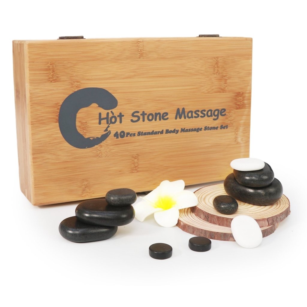 Master Massage 40 Piece Deluxe Hot Stone Massage Stone Set Kit Package for a Full Body Massage with Black Lava Volcano Basalt Rock - GreenLife - Hot Stone