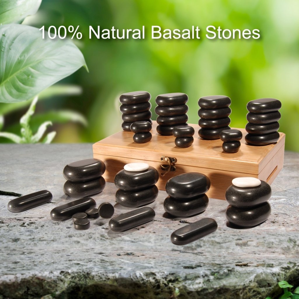 Master Massage 40 Piece Deluxe Hot Stone Massage Stone Set Kit Package for a Full Body Massage with Black Lava Volcano Basalt Rock - GreenLife - Hot Stone