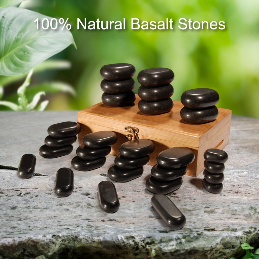 Master Massage 28 Piece Essential Hot Stone Massage Stone Set Kit Package for Professional or Home Spa Stone Therapy, Healing, Pain Relief - Basalt Rock - GreenLife - Hot Stone